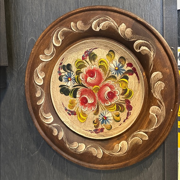 Other - Vintage Hand-Painted Floral Wooden Plate